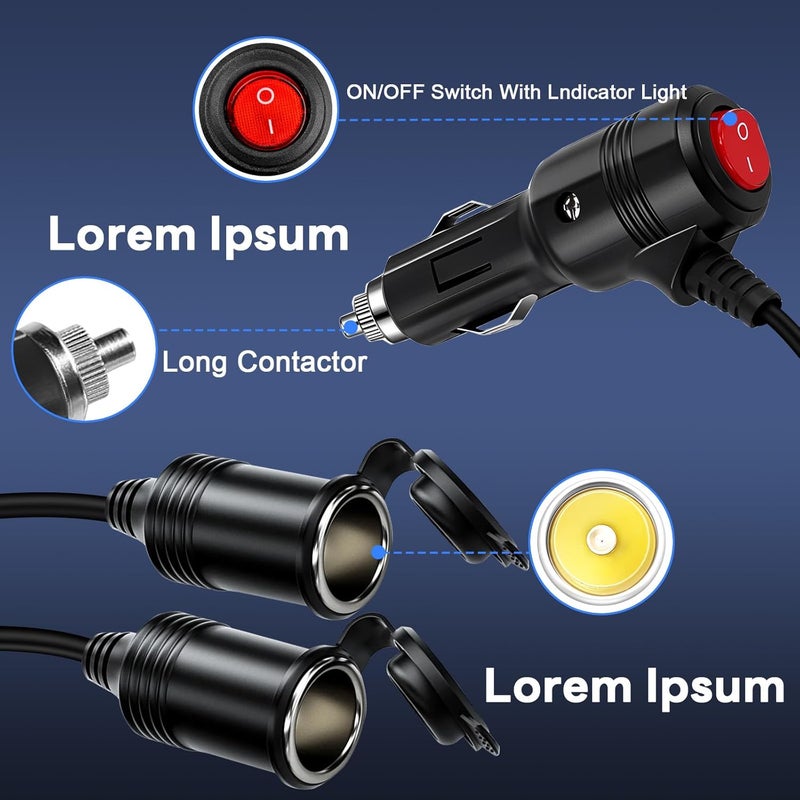 Vrllinking Cigarette Lighter Splitter ， 12v Splitter,Dual Cigarette Lighter adapters for Cars,12V Cigarette Lighter Plug with on/Off Switch, Overload Protection & Extension Cord 15A Fuses (Black 2 Ports) - Image 2